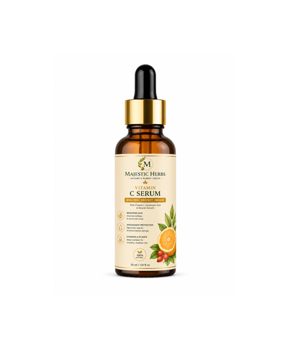majestic herbs herbal vitamin c face serum | natural skin brightening serum with herbal extracts | reduces dark spots, hydrates & glows | 30ml