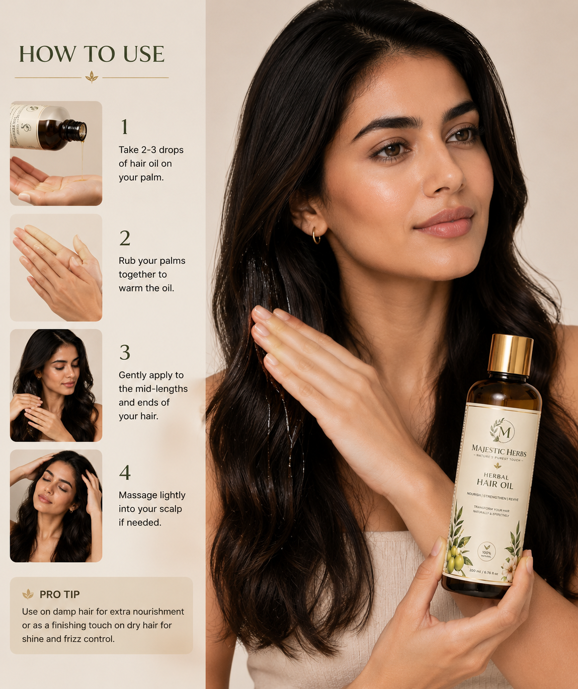 majestic herbs herbal hair oil | natural hair growth oil for strong, thick & healthy hair | reduces hair fall & dandruff | 100ml